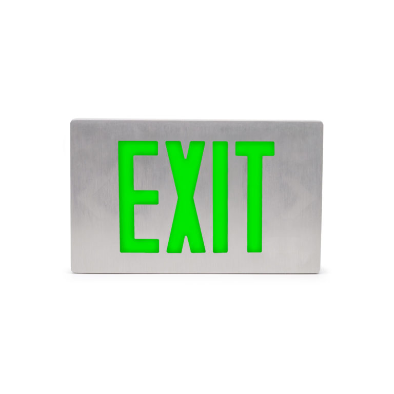 Hybrid Die-Cast Exit Sign that uses LED when power is on and photoluminescence when the power is out. The Isolite DTH.
