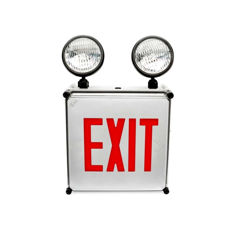 NEMA 4X Rated Exit Sign and Emergency Light Combo with an industrial gray finish. The Isolite HLX-C.