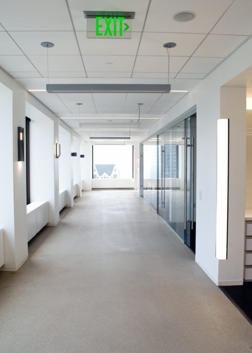 The ELT Elite Edge-Lit Exit Sign is seen here in a hallway application.