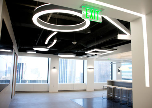 The ELT Elite Edge-Lit Exit Sign is seen here in an office foyer application.