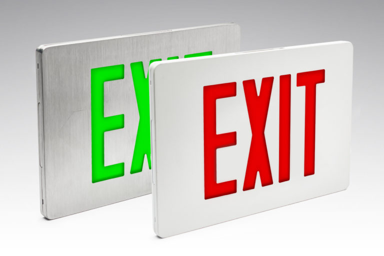 Exit Sign Color Options are red or green for the lettering and white, brushed aluminum, and black depending on the model.