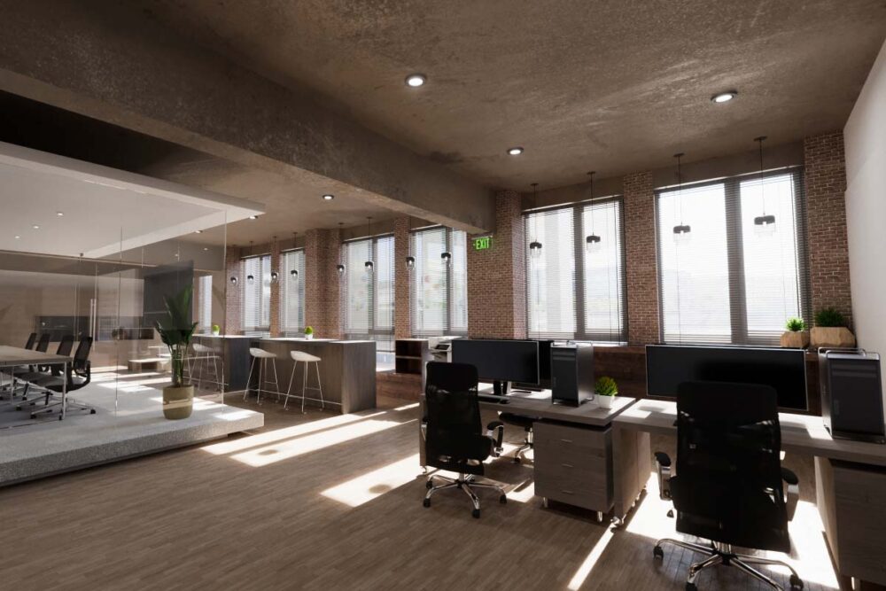 Architectural vs. Commercial vs. Contractor-Grade Emergency Lighting & Exit Signs: What’s the Difference? A green Isolite exit sign inside of a commercial office