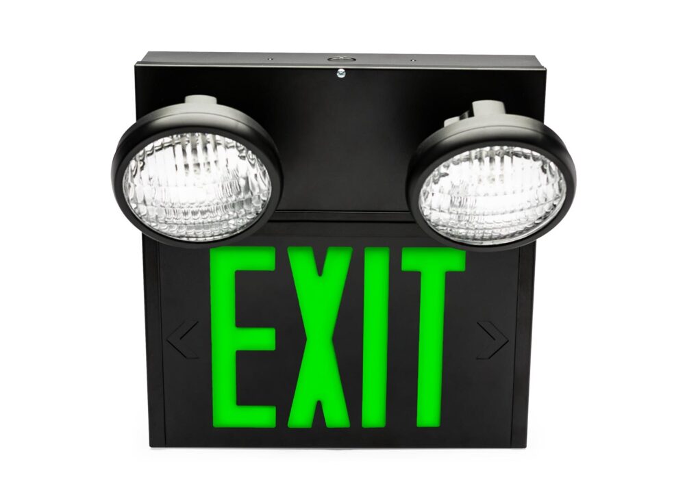 The LP2H Steel Exit and Emergency Light Combo has two front-mounted PAR 18 style thermoplastic lamp heads.