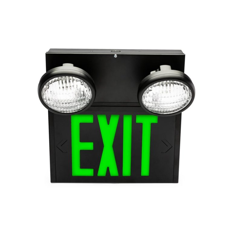 The LP2H Steel Exit and Emergency Light Combo has two front-mounted PAR 18 style thermoplastic lamp heads.