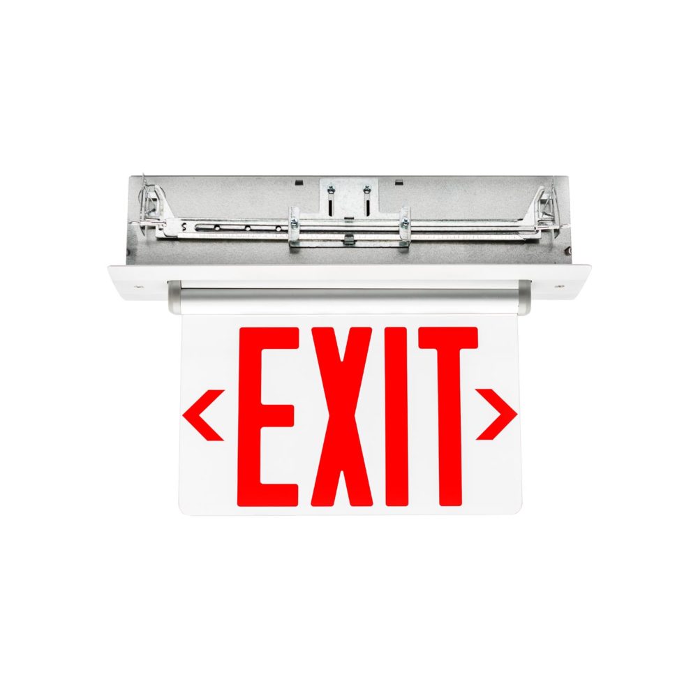 Universal Recessed, Edge-lit LED Exit Sign that utilizes a unique pivoting housing unit. The Isolite UEL.