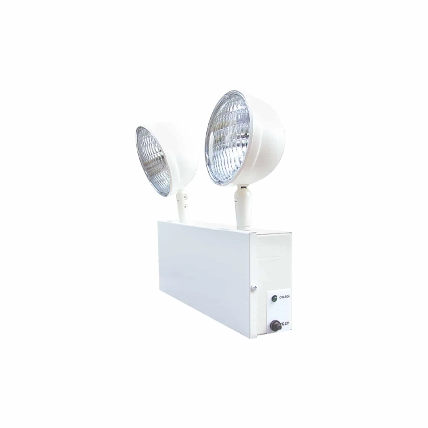 The CLS Chicago Approved LED Emergency Light has two metal lamp heads with 12-watt PAR36 style lamps.